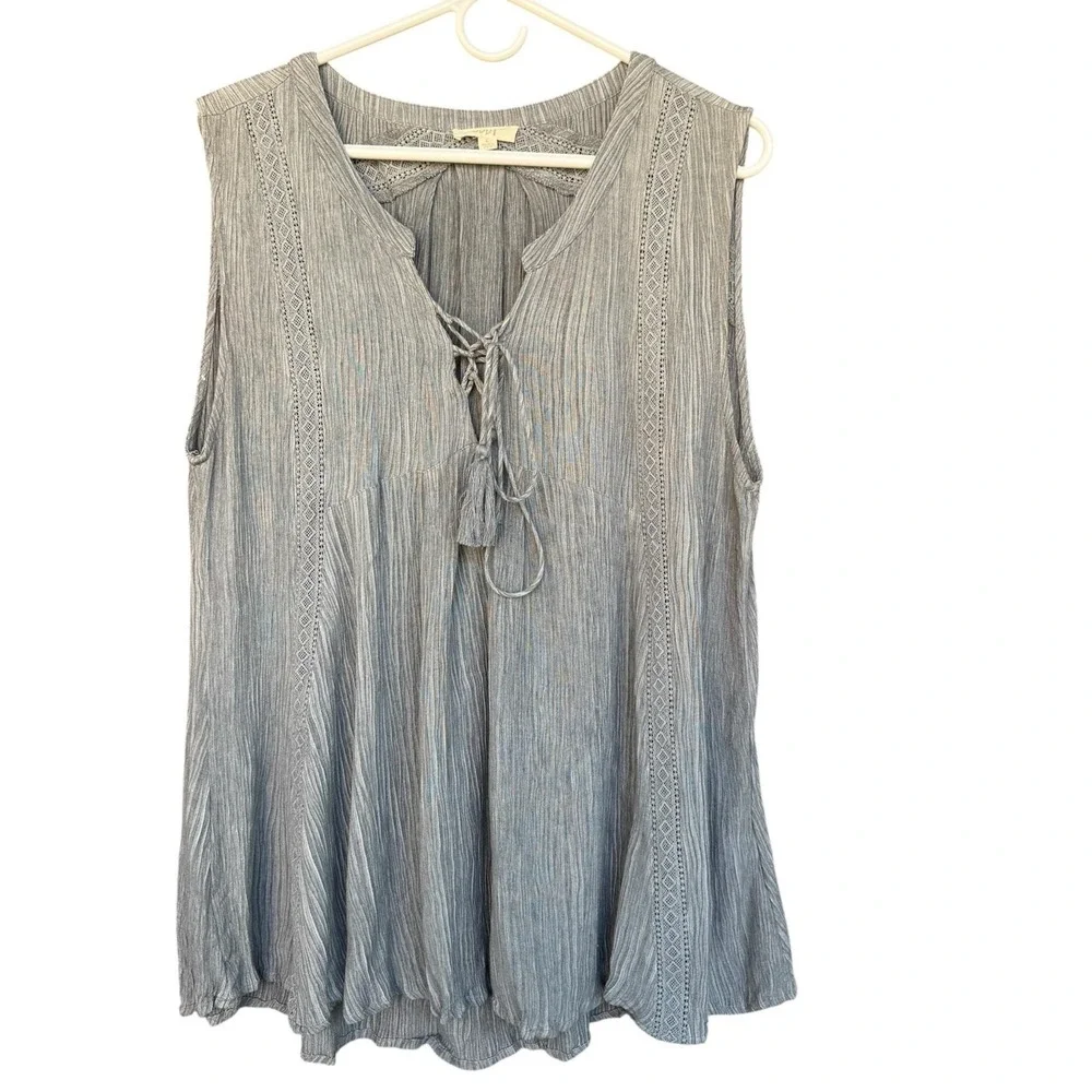 Oddy Blouse Womens Large Green Tassel Lace V Neck Sleeveless Tunic Top Boho